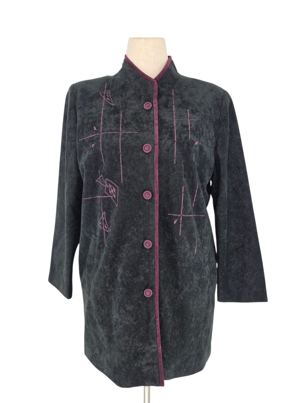 LAVANTI Vintage Velour Jacket M Black Burgundy Embroidered Mandarin Collar